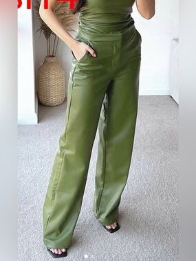 Zara Olive Green Wide-Leg Faux Leather Pants